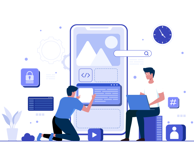 Two people building a mobile app screen