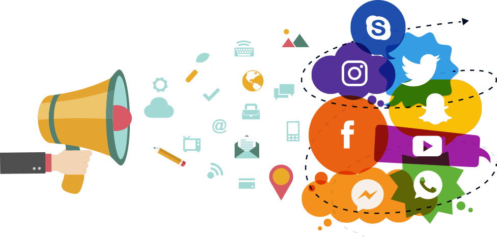 Megaphone spreading social media icons
