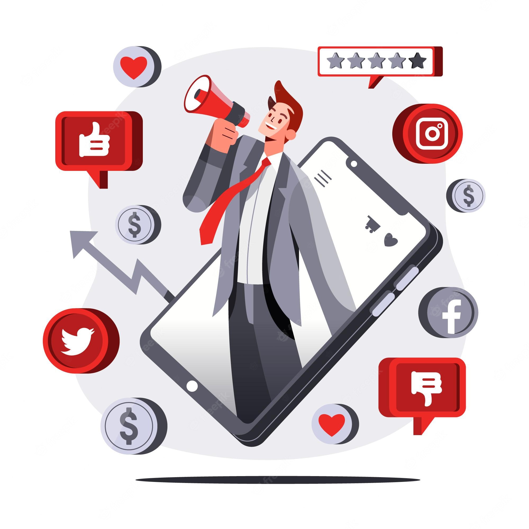 Marketer with megaphone emerging from a phone